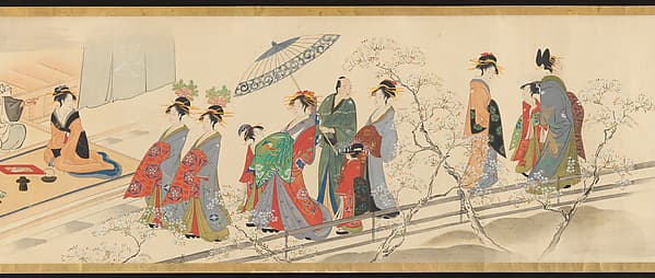 鳥文斎栄之筆 三幅神吉原通い図巻 「全盛季春遊戯」|Three Gods of Good Fortune Visit the Yoshiwara; or “Scenes of Pleasure at the Height of Spring”