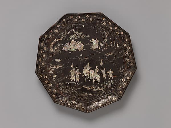 元 黑漆嵌螺鈿人物故事圖九方盤|Tray with figures in a landscape