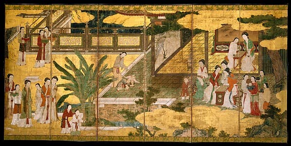 伝狩野永徳筆 唐美人唐子図屏風|Chinese Women and Children in a Palace Garden