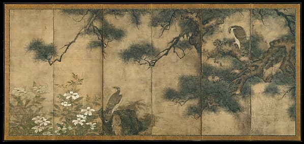 三谷等宿筆 伝三谷等宿筆 松と椿に鷹・柳と椿に小禽図屏風|Hawks with Pine Trees and Camellias; Small Birds with Willows and Camellias