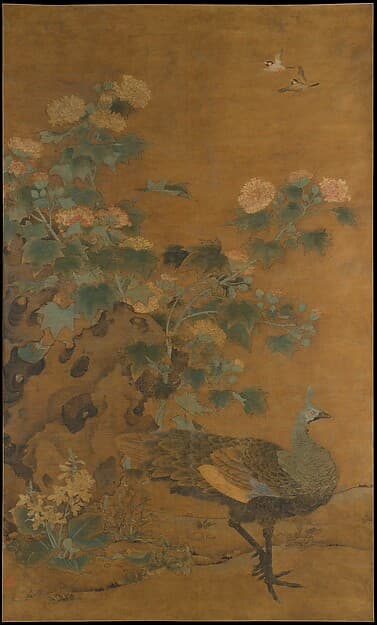 元 邊魯 孔雀芙蓉圖 軸|Peahen and hibiscus