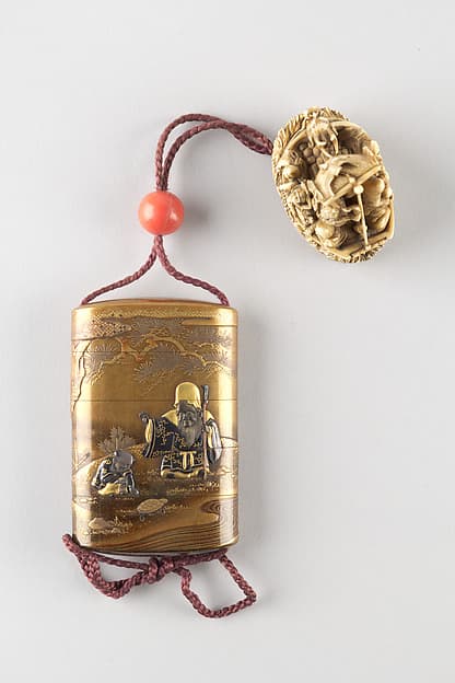 Case (Inrō) with Design of God of Longevity (Jurōjin) and a Small Boy with a Tortoise (obverse); Pine Tree by Stream (reverse)