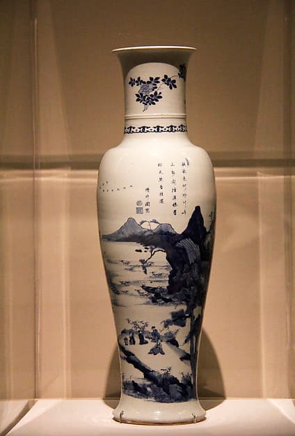 清康熙 景德鎮窯青花詩文山水棒槌瓶|Vase with landscape scenes and poem