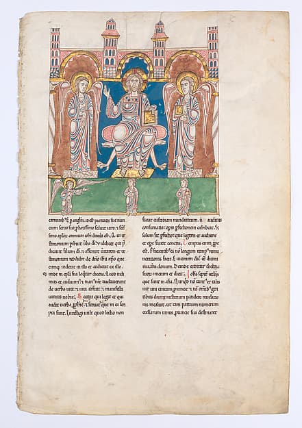 Leaf from a Beatus Manuscript: Christ in Majesty with Angels and the Angel of God Directs Saint John to Write the Book of Revelation