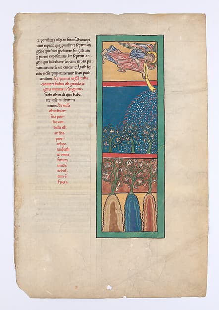 Leaf from a Beatus Manuscript: the First Angel Sounds the Trumpet; Fire, Hail-stones, and Blood are Cast Upon the Earth
