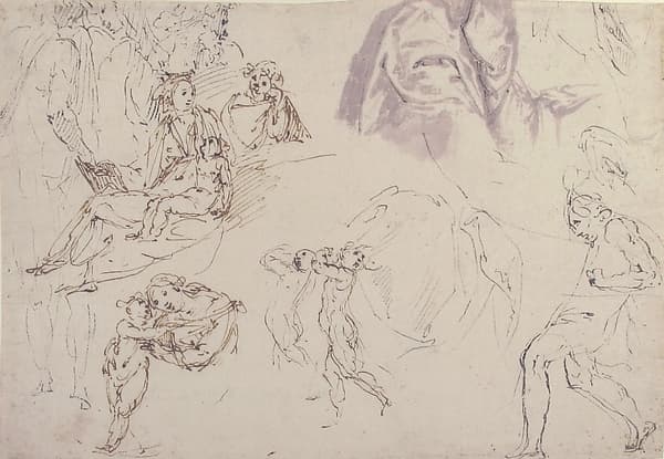 Figure Studies: The Holy Family, a Running or Dancing Child, Drapery Studies