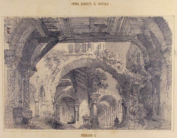 Architectural Ruins with a View of a Garden; Stage design for "Ballo don Parasol"