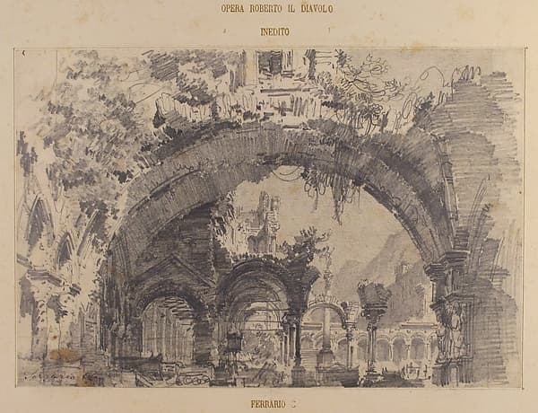 Architectural Ruins with a View of a Garden; Stage design for Giacomo Meyerbeer's opera, "Robert le diable"