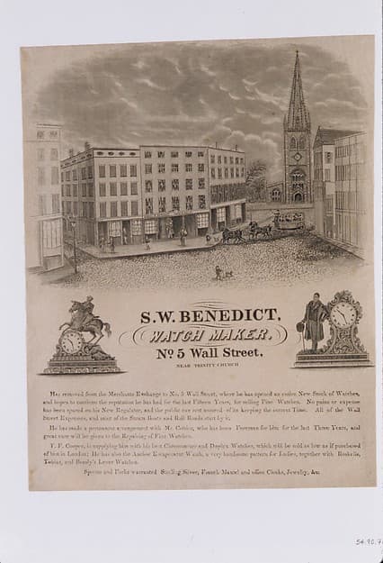 Tradecard of S. W. Benedict, Watchmaker, No. 5 Wall Street, New York