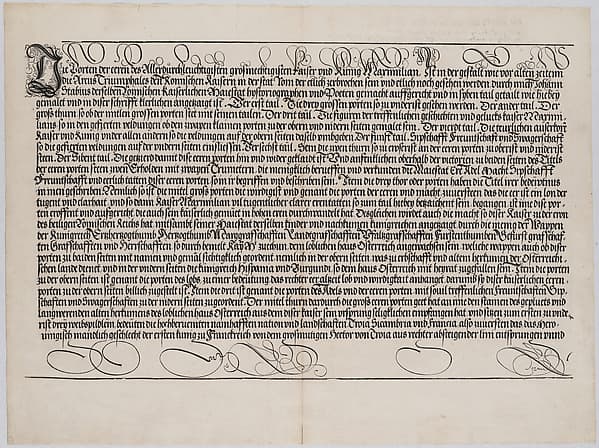 Explanatory Text, Part I, from the Arch of Honor, proof, dated 1515, printed 1517-18