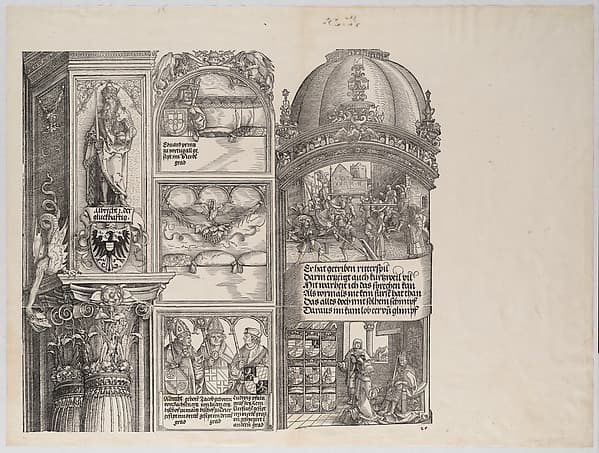 Tournaments and Masquerades; and Maximilian's Genealogical and Heraldic Studies; with a Statue of Albrecht the Lucky; and Portraits of Maximilian's Ancestors and Relatives,from the Arch of Honor, proof, dated 1515, printed 1517-18