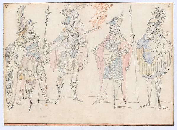 Four Actors in Heroic Costume, with a Study of a Helmeted Head