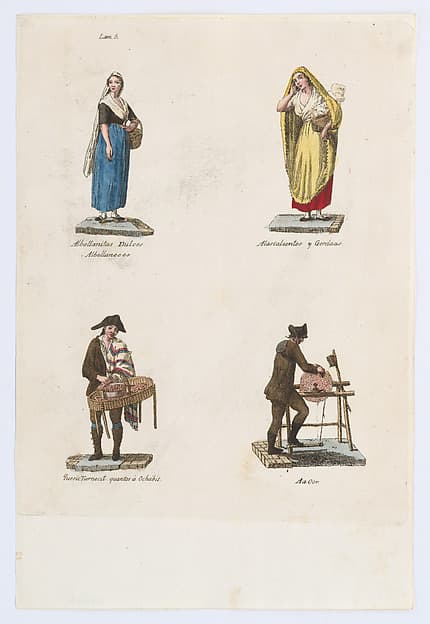 Plate 5: four street vendors from Madrid selling sweet albellanitas dulces, alacalienties, tender cuts and a knife grinder, from 'Los Gritos de Madrid' (The Cries of Madrid)