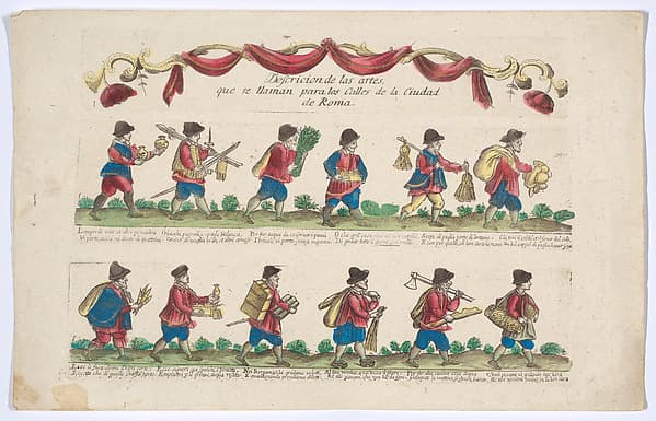 Title and plate 1 depicting the cries (trades) of Rome, here including vendors of goldfish, Milanese swords, hats etc, from the 'Descrición de las artes que se llaman para los calles de la ciudad de Roma'