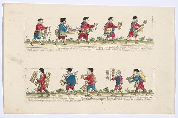 Plate 6 depicting the trades of Rome,here including vendors of lamps, shirt collars, turtles etc, from the 'Descrición de las artes que se llaman para los calles de la ciudad de Roma'