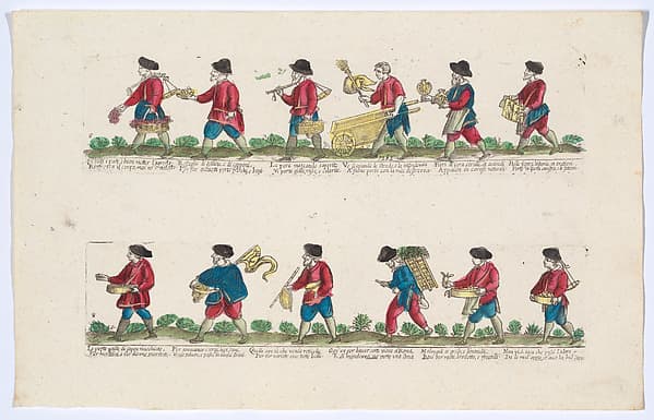 Plate 8 depicting the trades of Rome,here including vendors of coral, images, lemons etc., from the "Descrición de las artes que se llaman para los calles de la ciudad de Roma"