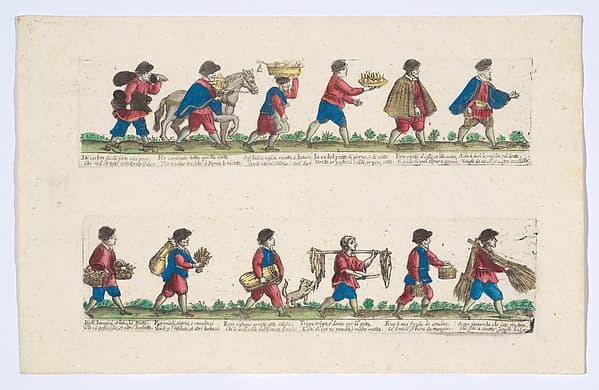 Plate 5 (second group) depicting the trades of Rome, here including vendors of coal, cheese, tripe etc, from the 'Descrición de las artes que se llaman para los calles de la ciudad de Roma'