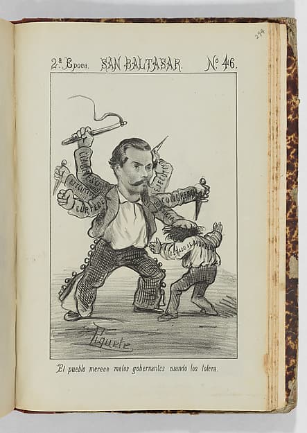 Caricatures and satires from the periodicals 'La orquesta', (Mexico), 'El Padre Cobos' (Chile), and 'San Baltasar' (Mexico)