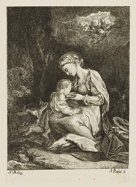 The Virgin and Christ Child in a rural landscape, with four putti gazing down through clouds, after Barocci