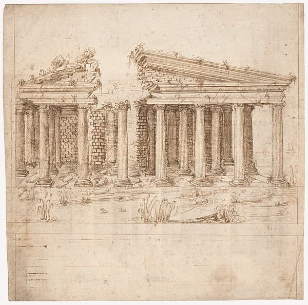 Recto: Front Elevation of a Roman Temple in Ruins (inspired by Giuliano da Sangallo); Verso: Elevation of the Nave of a Roman Basilica in Ruins (? the Basilica Giulia, inspired by Giuliano da Sangallo).