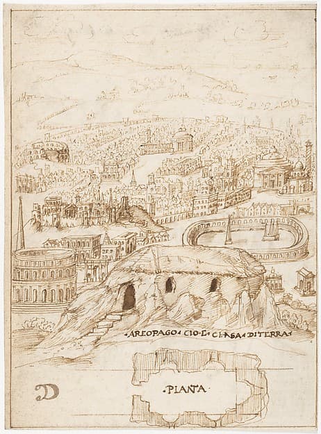 Recto: The Houses of the Barbarians (Vitruvius, Book 2, Chapter 1, nos. 3, 4); Verso: The Aeropagus in Athens with Cave Houses (Vitruvius, Book 2, Chapter 1, no. 5).