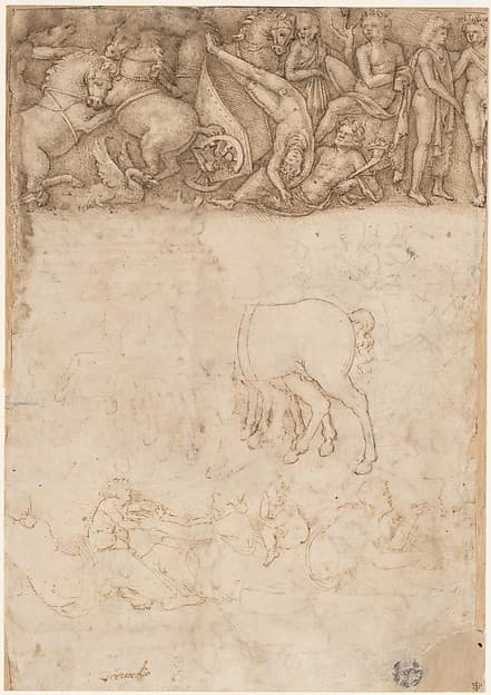 Studies after the Antique: The Fall of Phaëthon, Horses, Reclining Women with Children (recto); Studies after the Antique: An Altar or Urn, Lion Attacking a Horse (verso)
