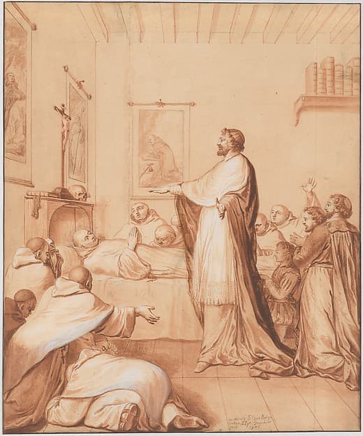 Scene 33: The Blessed Abbot, near death, receives the blessing of the pope, who sends for this purpose Cardinal d'Ossat, a close friend of the saint, whose teacher he had been; he dies in the odor of sanctity, 25 April 1600