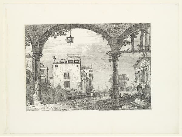 A three-arched portico with an open lantern hanging at center, a triumphal arch and ruins of a classical temple in the background, from 'Views' (Vedute altre prese da i luoghi altre ideate da Antonio Canal)