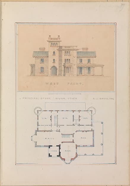 West Front and Principal Floor Plan of John Munn House, Utica, New York