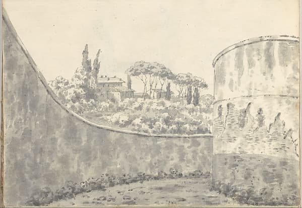 Landscape with a Curved Wall, Round Tower and Distant Villa (Smaller Italian Sketchbook, leaf 8 recto)