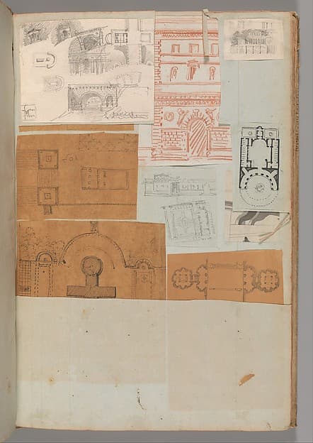 Page from a Scrapbook containing Drawings and Several Prints of Architecture, Interiors, Furniture and Other Objects