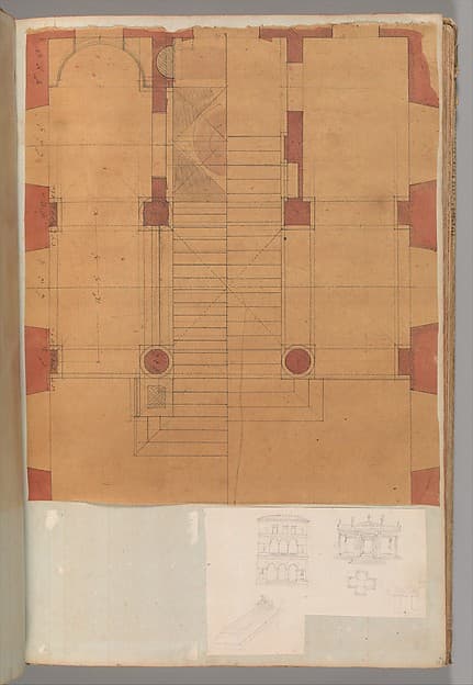 Page from a Scrapbook containing Drawings and Several Prints of Architecture, Interiors, Furniture and Other Objects