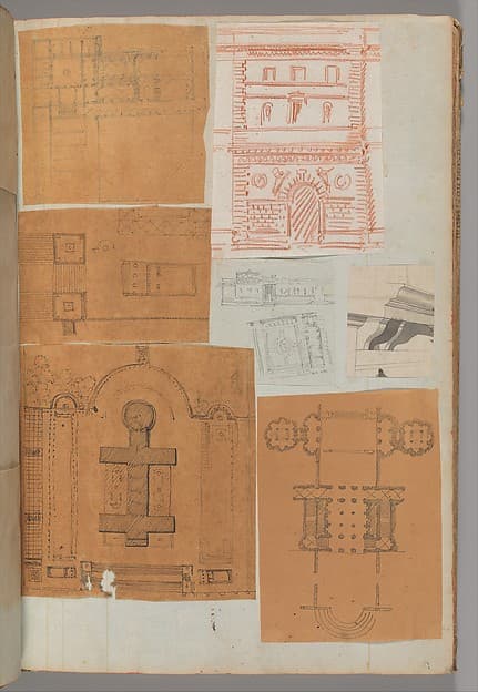 Page from a Scrapbook containing Drawings and Several Prints of Architecture, Interiors, Furniture and Other Objects