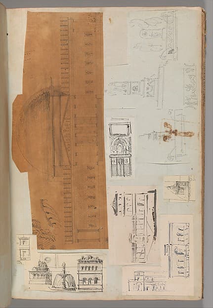 Page from a Scrapbook containing Drawings and Several Prints of Architecture, Interiors, Furniture and Other Objects