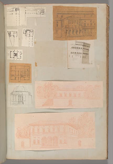 Page from a Scrapbook containing Drawings and Several Prints of Architecture, Interiors, Furniture and Other Objects