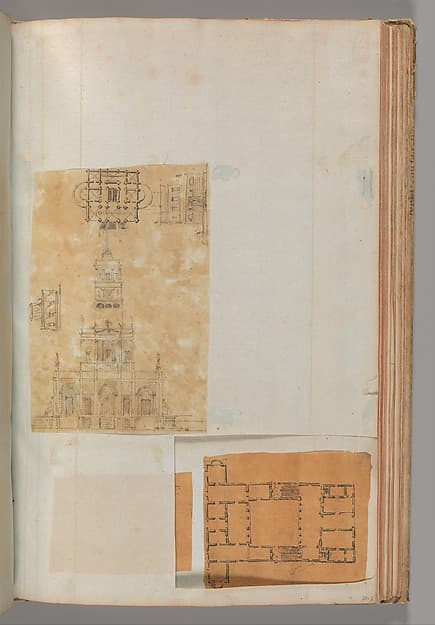 Page from a Scrapbook containing Drawings and Several Prints of Architecture, Interiors, Furniture and Other Objects