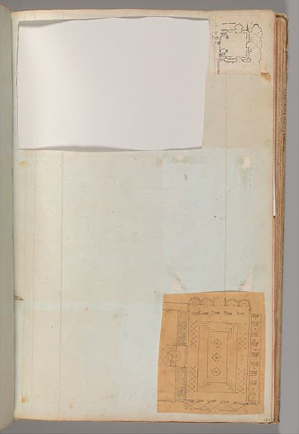 Page from a Scrapbook containing Drawings and Several Prints of Architecture, Interiors, Furniture and Other Objects