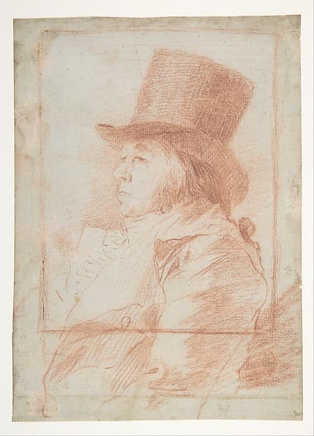 Self-Portrait; wearing a top hat facing left within a drawn frame (recto); two studies of his face (verso)
