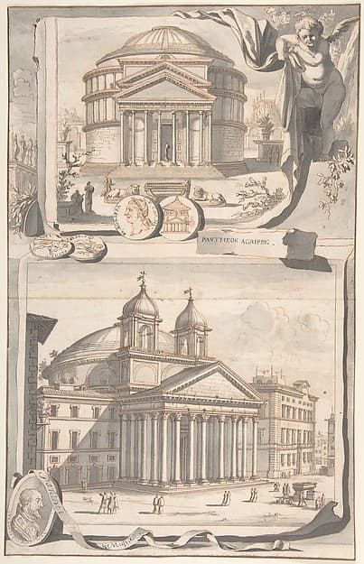 A Reconstuction of the Pantheon (above) and a View of its Appearance Around 1700 (below)