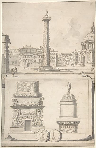 A View of the Column of Trajan (above) with Details (below)