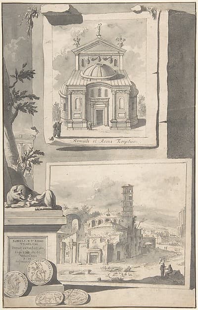 A Reconstruction of the Temple of Romulus and Remus (above) and a View of the Ruins (below)