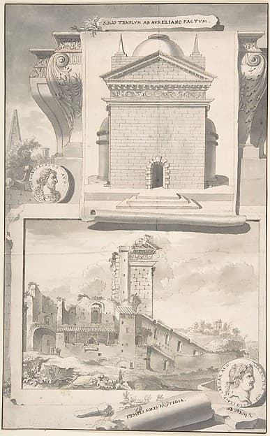 A Reconstruction of the Aurelian Temple of the Sun (above) and a View of the Ruins (below)