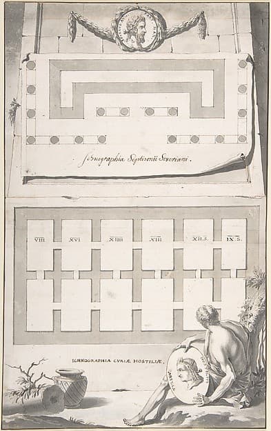 Ichnographia (or groundplan) of the Arch of Septimius Severus (above) and the Curia Hostilia (below)