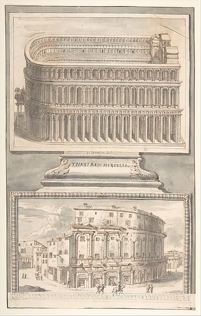 Reconstruction of the Theatre of Marcellus (above) and a View of the Ruins (below)