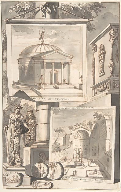 A Reconstruction of the Templum Isis (above) and a View of the Ruins (below)