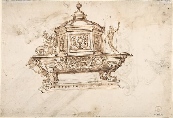 Design for a Liturgical Object with Statues of a Kneeling Saint and the Risen Christ (recto); Design for a Sepulcher (?) and Drawing of a Putto (verso).