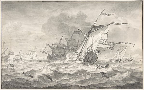Merchant Ships and Smaller Sailing Boats in a Strong Breeze, Dolphins in the Waves