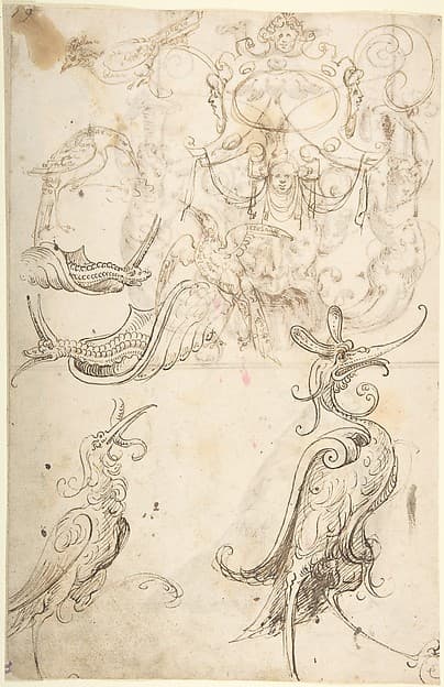 Fantastical creatures, birds, and strapwork cartouche (recto); grotesque mask and kneeling priest (verso)