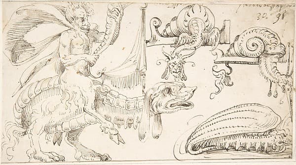 Satyr riding a fantastical creature, snail-like creatures