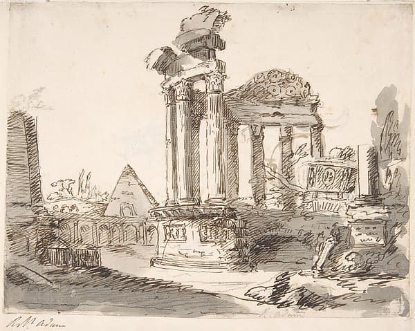 Classical Landscape with Ruins (recto); Two men in Roman military dress (verso)